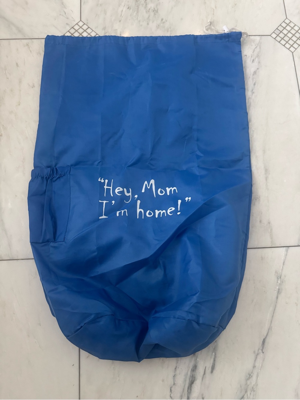 Blue Drawstring Laundry Bag with White Script